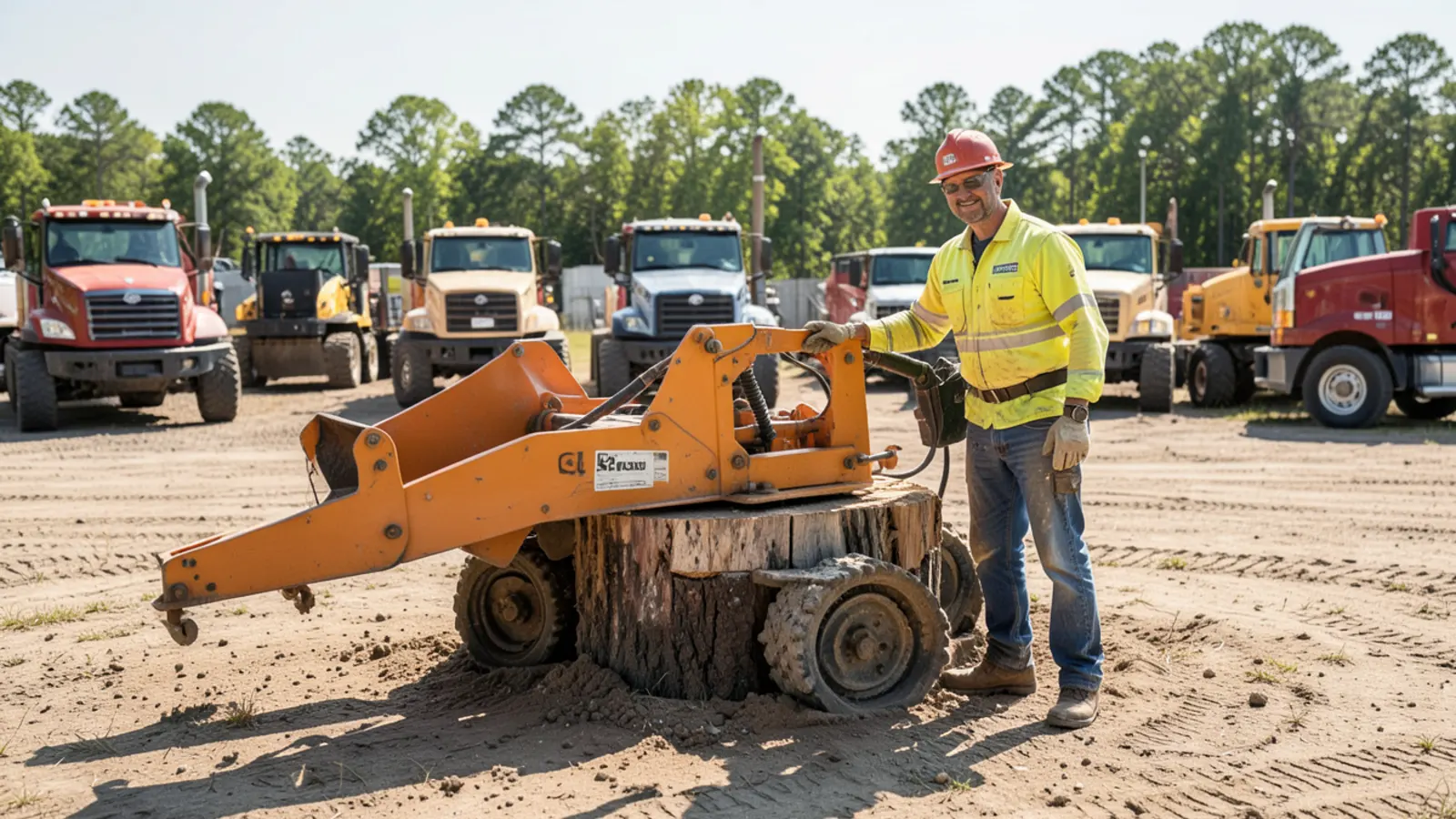 On The Grind service truck and compact stump grinder parked at a Marietta job site