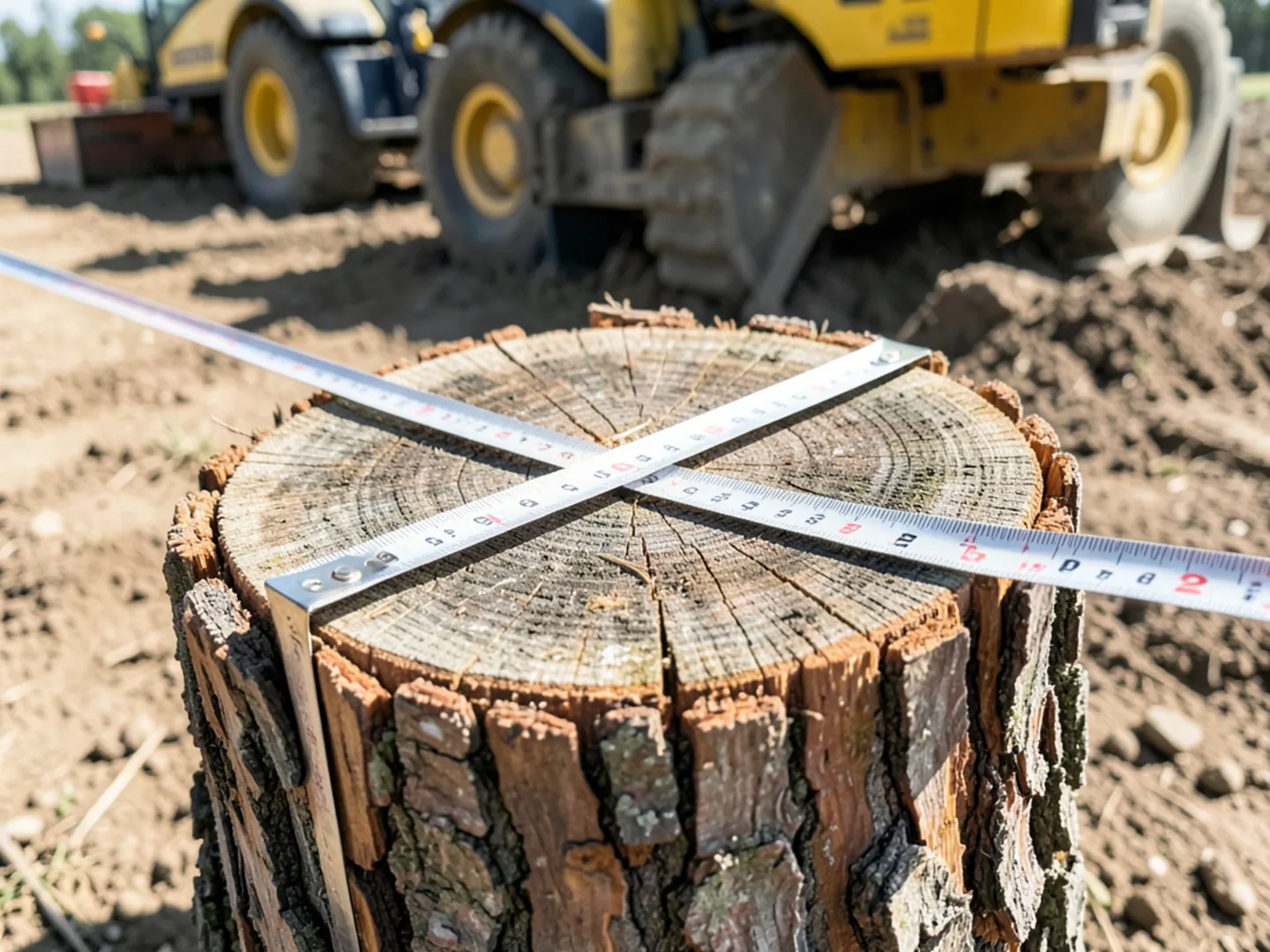 Close-up of measuring tape placed at soil level across the widest part of a tree stump root collar