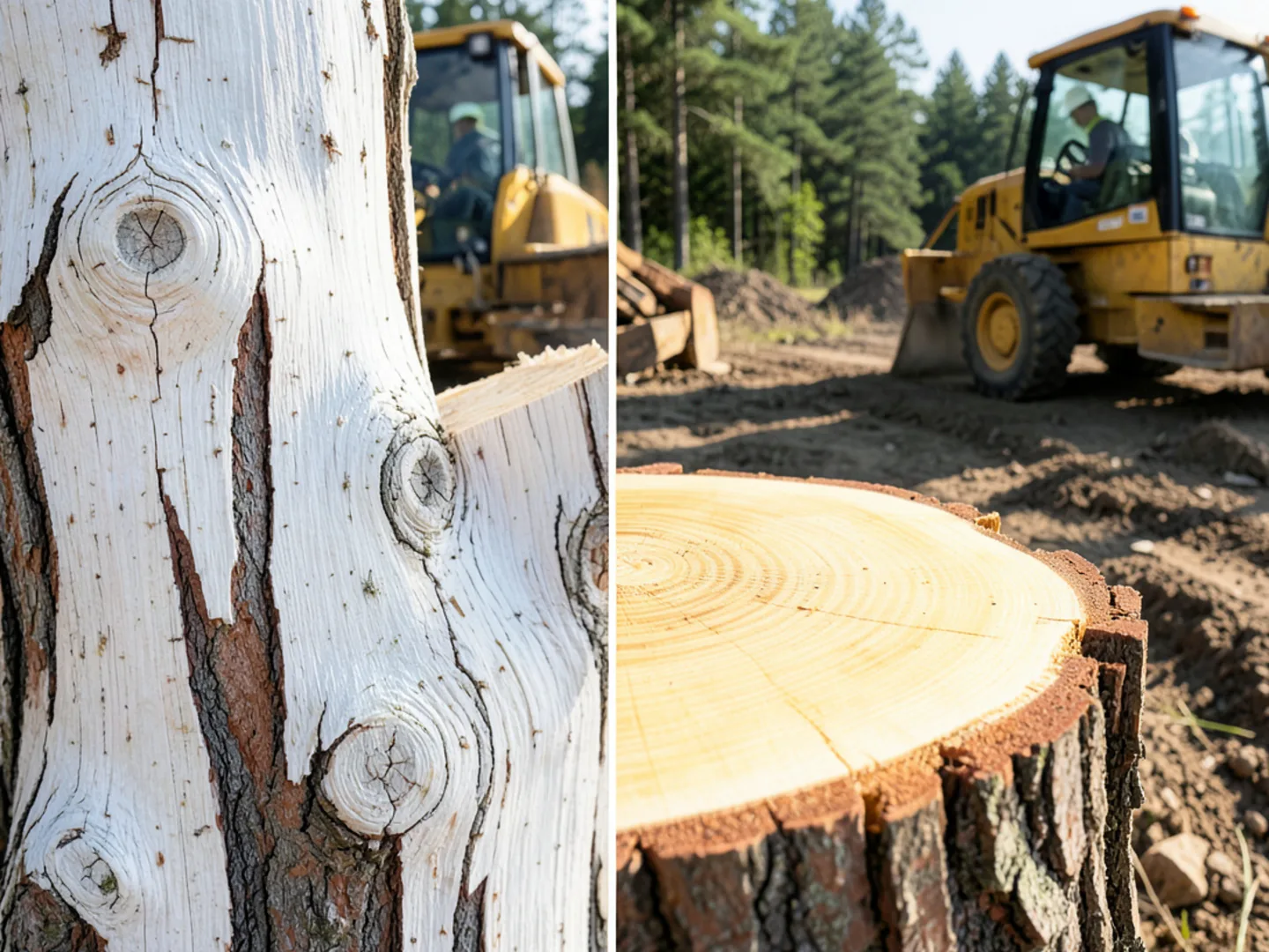 Cross-section view comparing dense white oak heartwood with soft loblolly pine wood