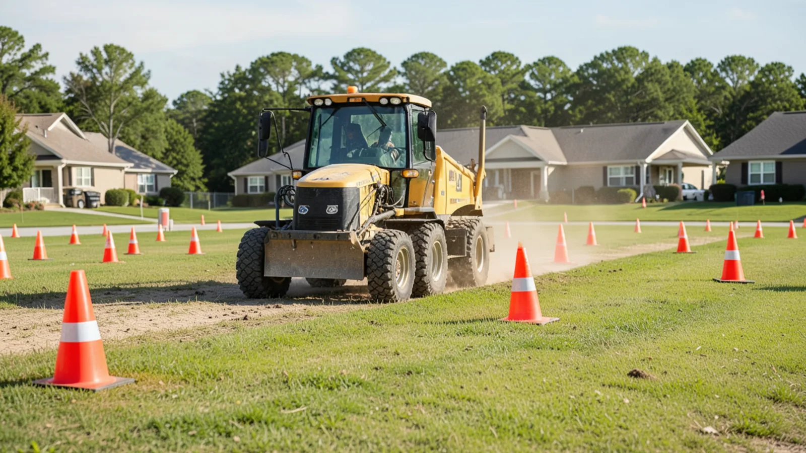 Commercial grounds crew grinding multiple stumps on an HOA community greenway in Cobb County