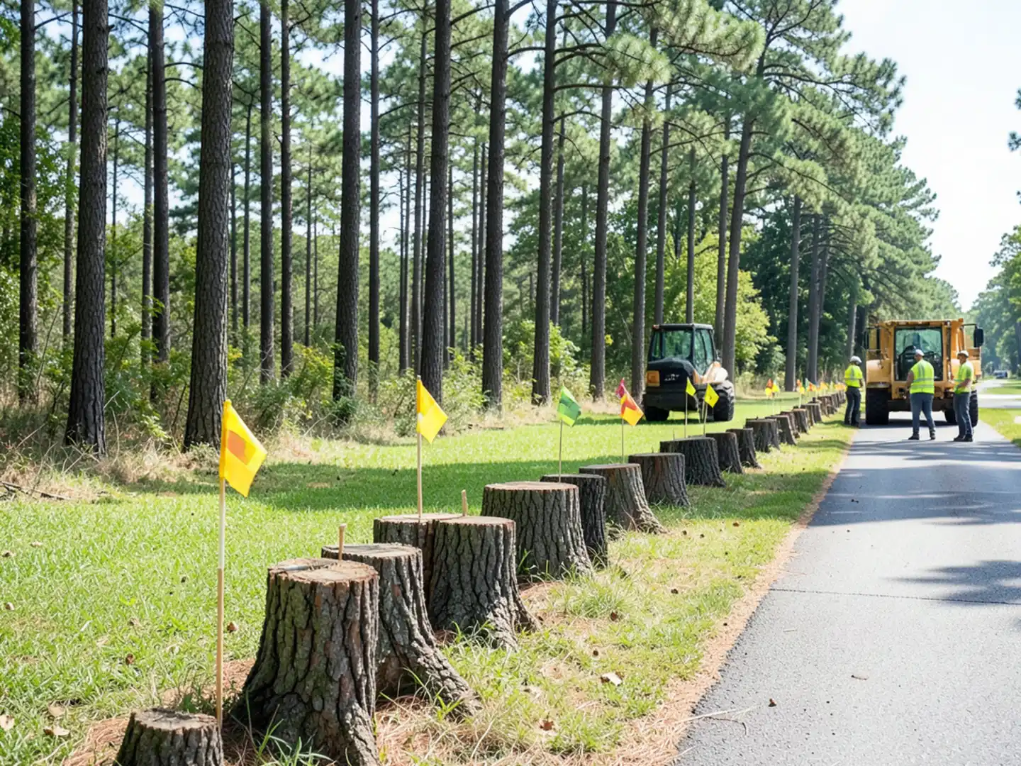 Multiple tree stumps along an HOA walking path marked for commercial grinding