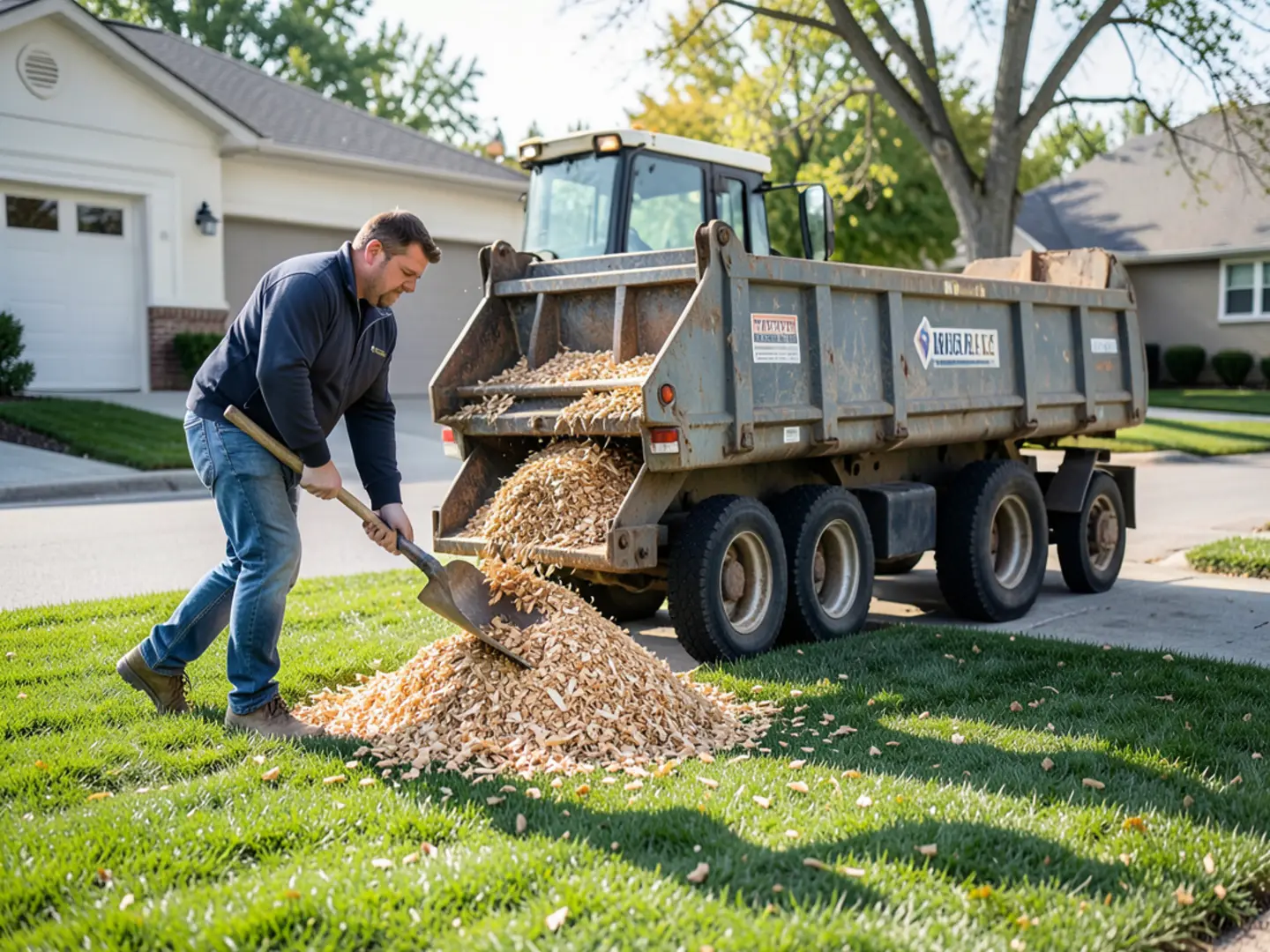 Skid steer loader clearing high volume of wood chips into a commercial dump trailer