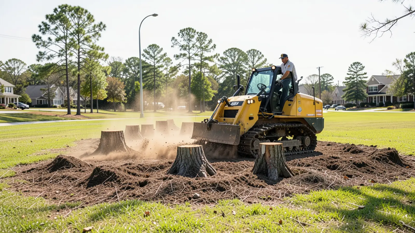 Commercial tracked stump grinder clearing multiple pine stumps on an HOA property in Cobb County