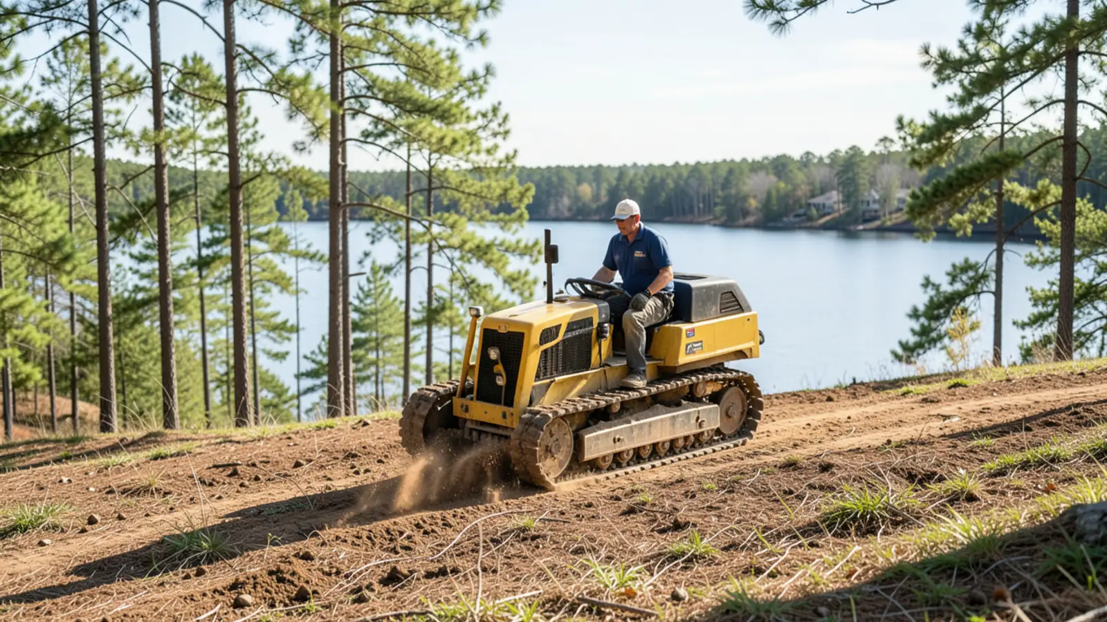 Stump grinder working on a sloped lakeside residential property in Acworth GA