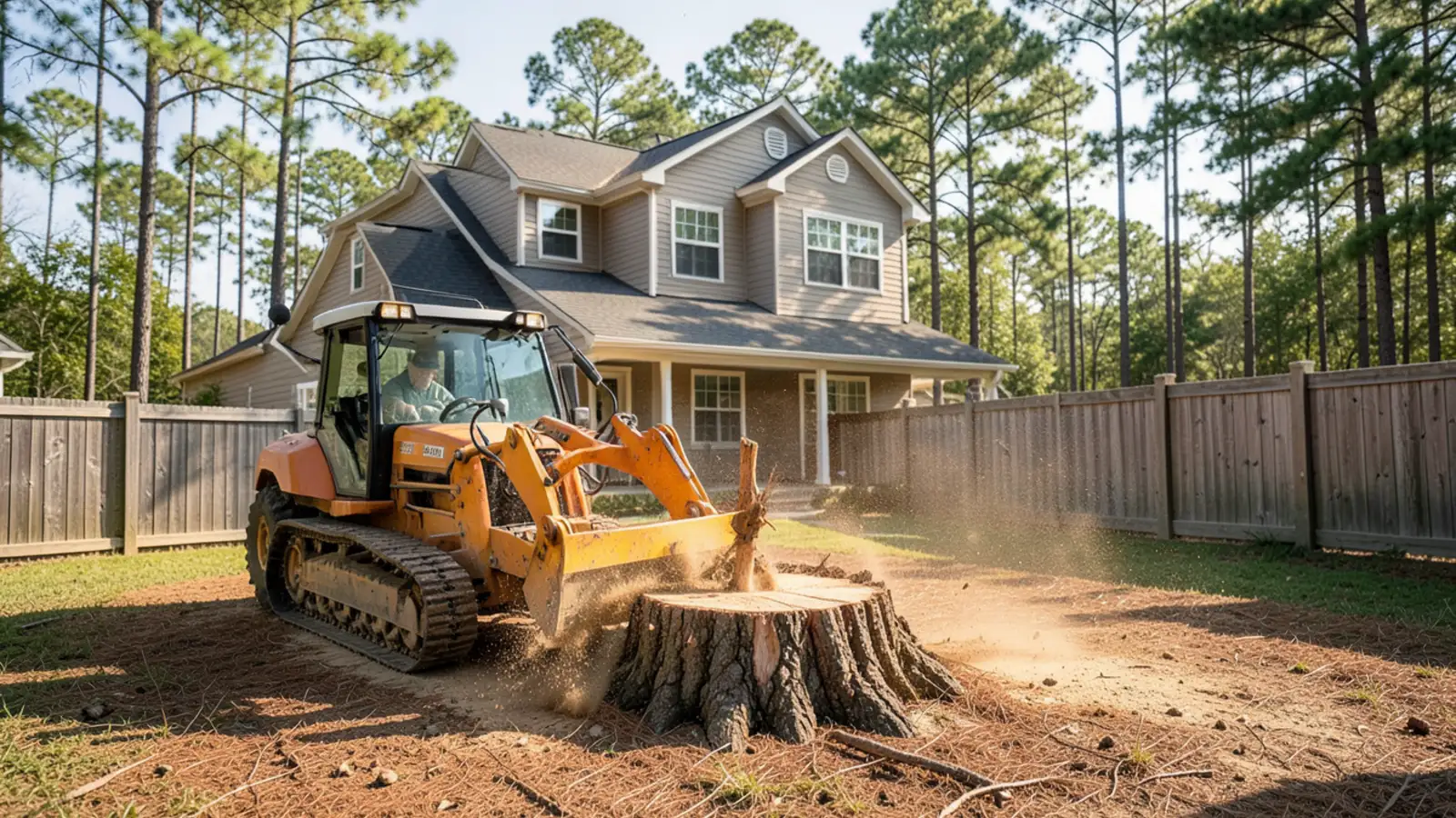 Grinding a storm-damaged loblolly pine stump in a Kennesaw GA subdivision backyard