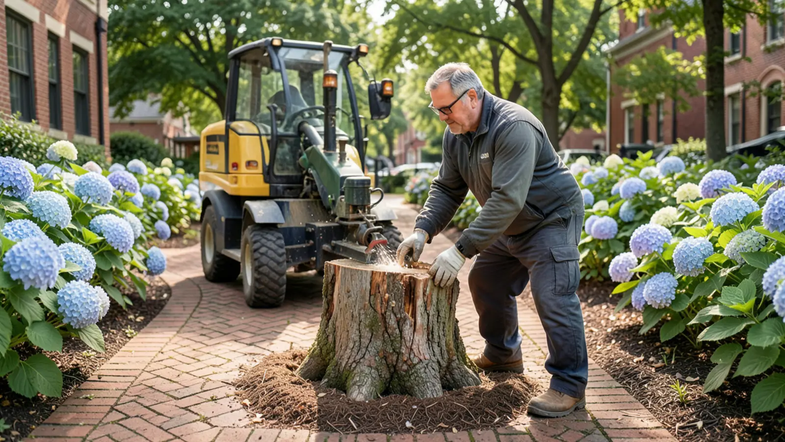 Stump grinding in a historic Roswell GA residential courtyard near Canton Street
