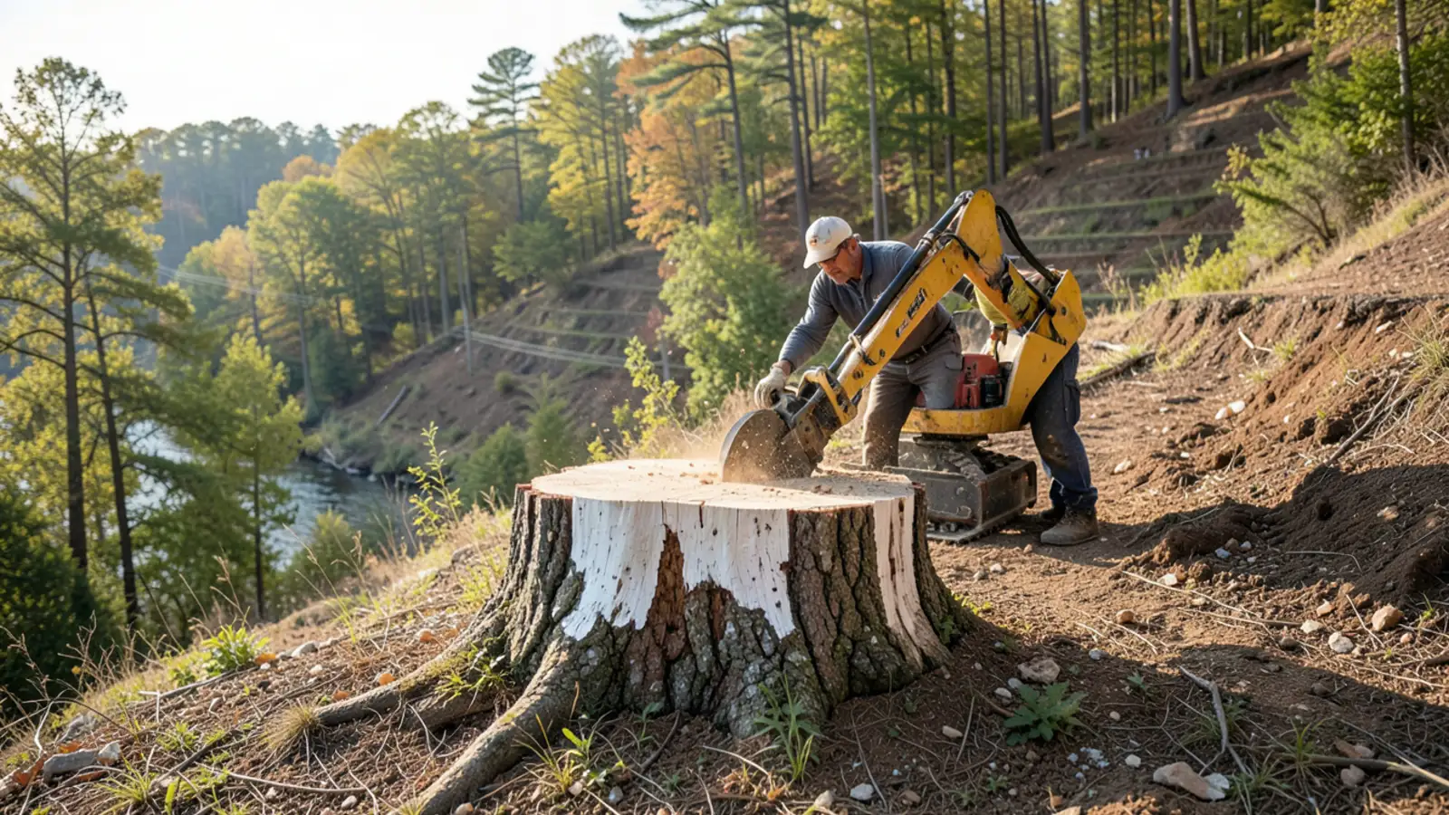 Precision stump grinder cutting a large oak stump on a steep hillside lot in Sandy Springs GA