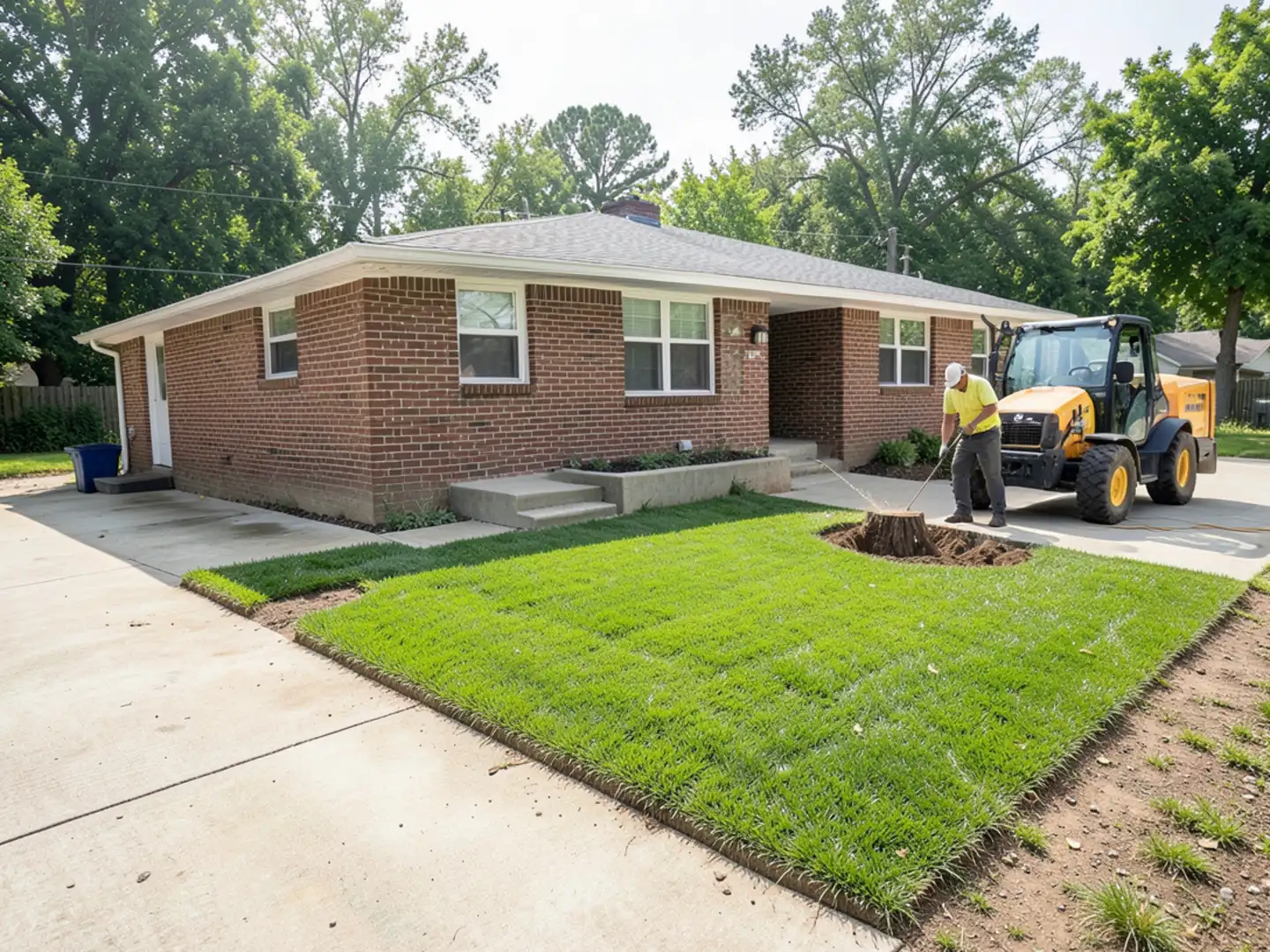Pine stump being ground flush with turf outside a mid-century home in Smyrna