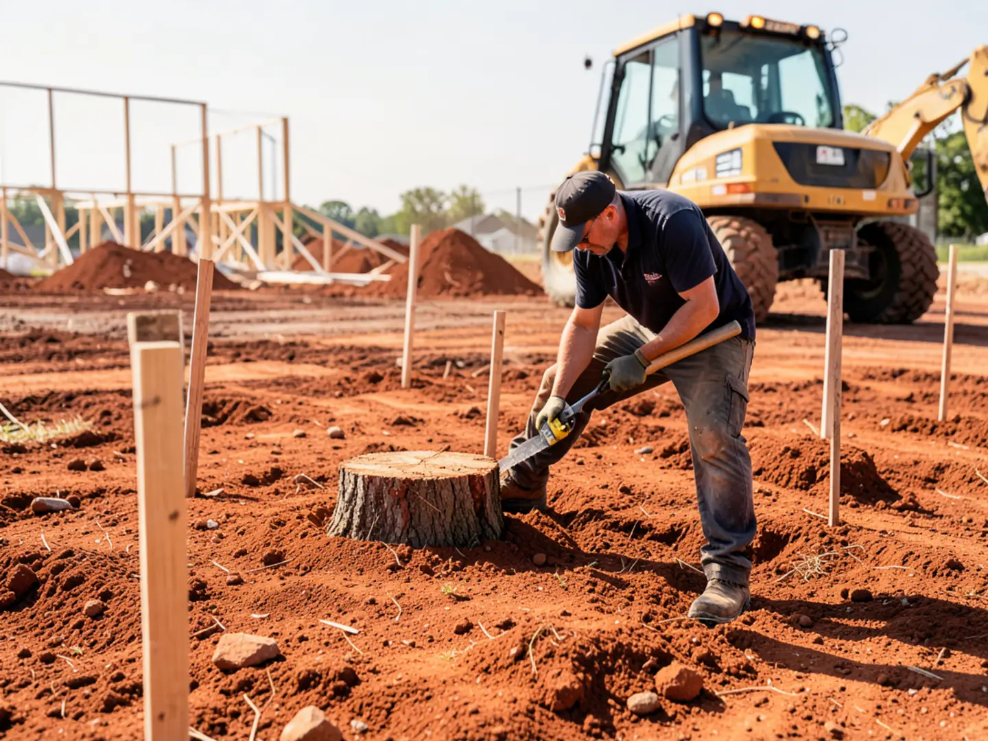 Infill home construction site in Smyrna with multiple hardwood stumps ground below grade