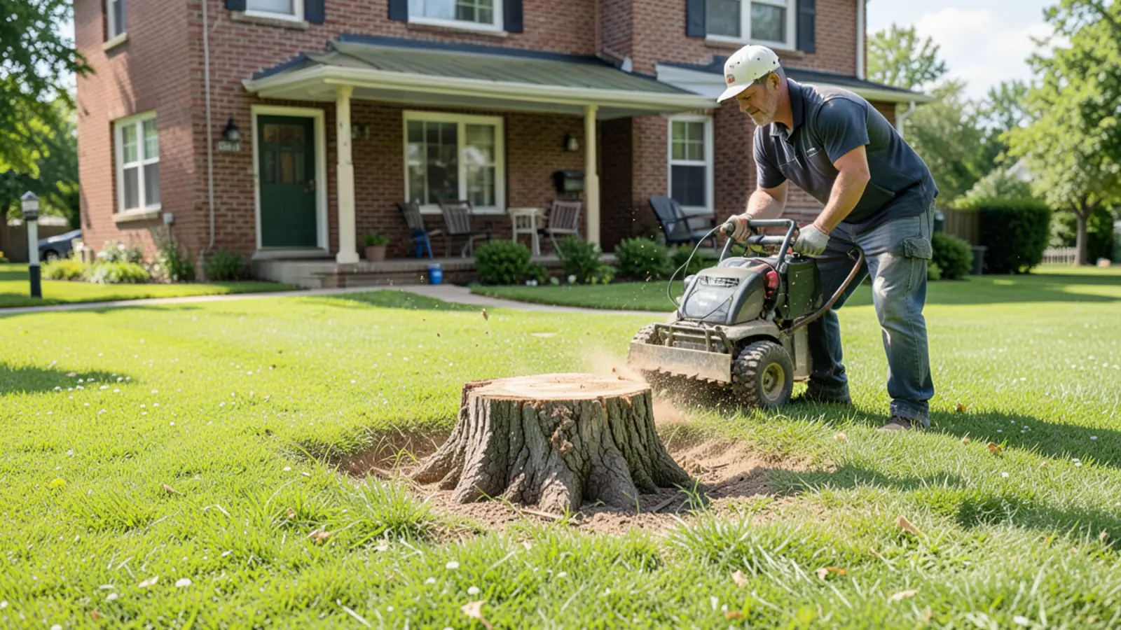 Stump grinding on a renovated 1950s brick ranch lawn in Smyrna GA near Atlanta Road