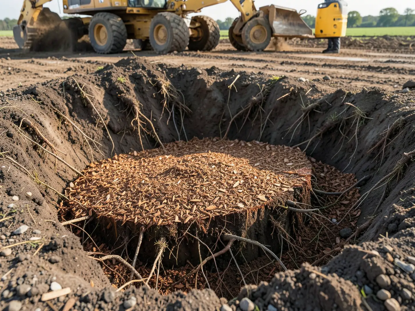 Mini-excavator root ripper pulling an entire hardwood root ball from Georgia clay