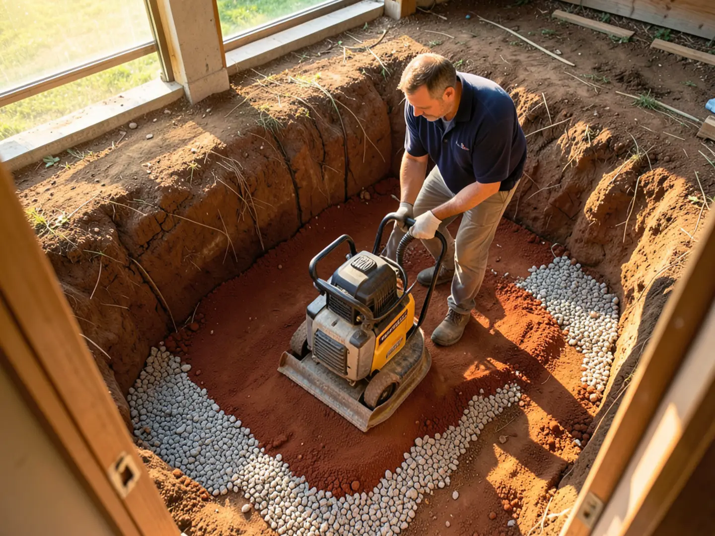 Excavated stump pit backfilled in compacted lifts with Georgia red clay and gravel base